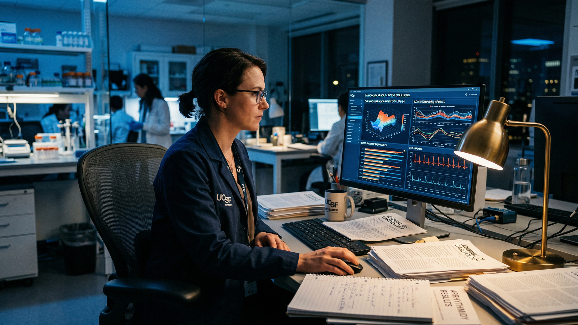 Researcher analyzing cardiovascular health data charts on a computer screen in a medical lab
