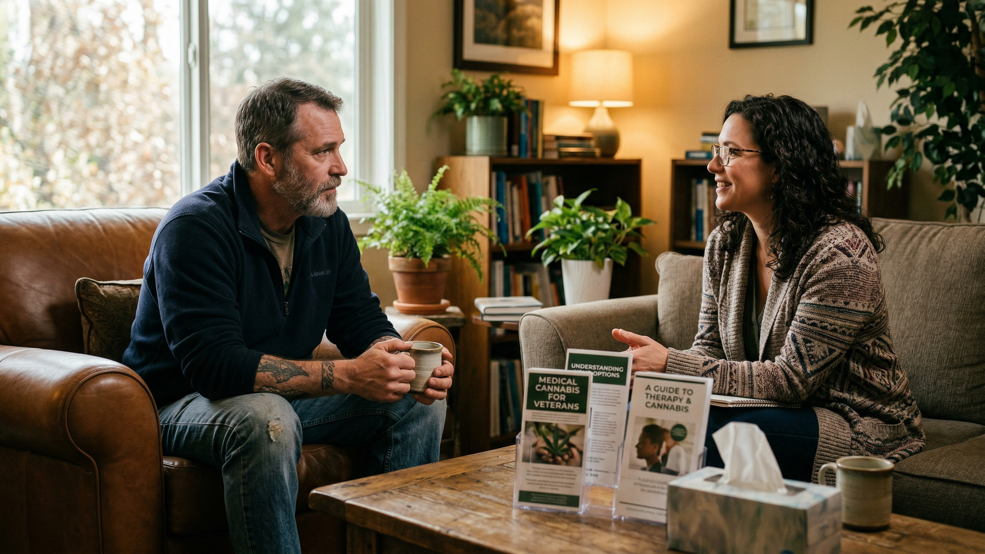 Military veteran sitting in a therapy session discussing treatment options with counselor