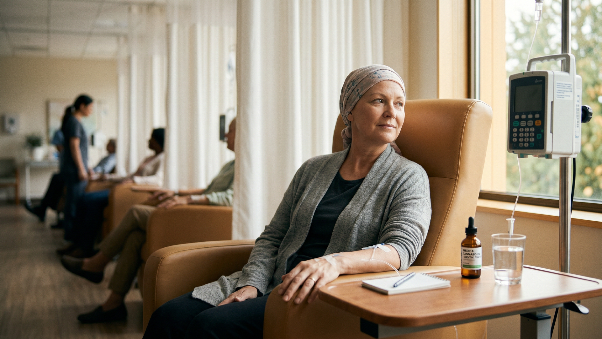 Cancer patient receiving chemotherapy with medical cannabis oil bottle on the side table
