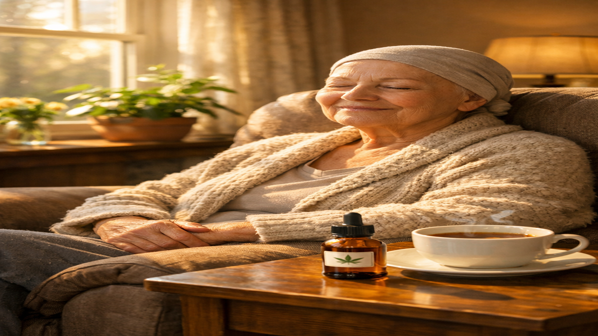 Cancer patient with wasting syndrome at home with a cannabis oil bottle and warm natural light
