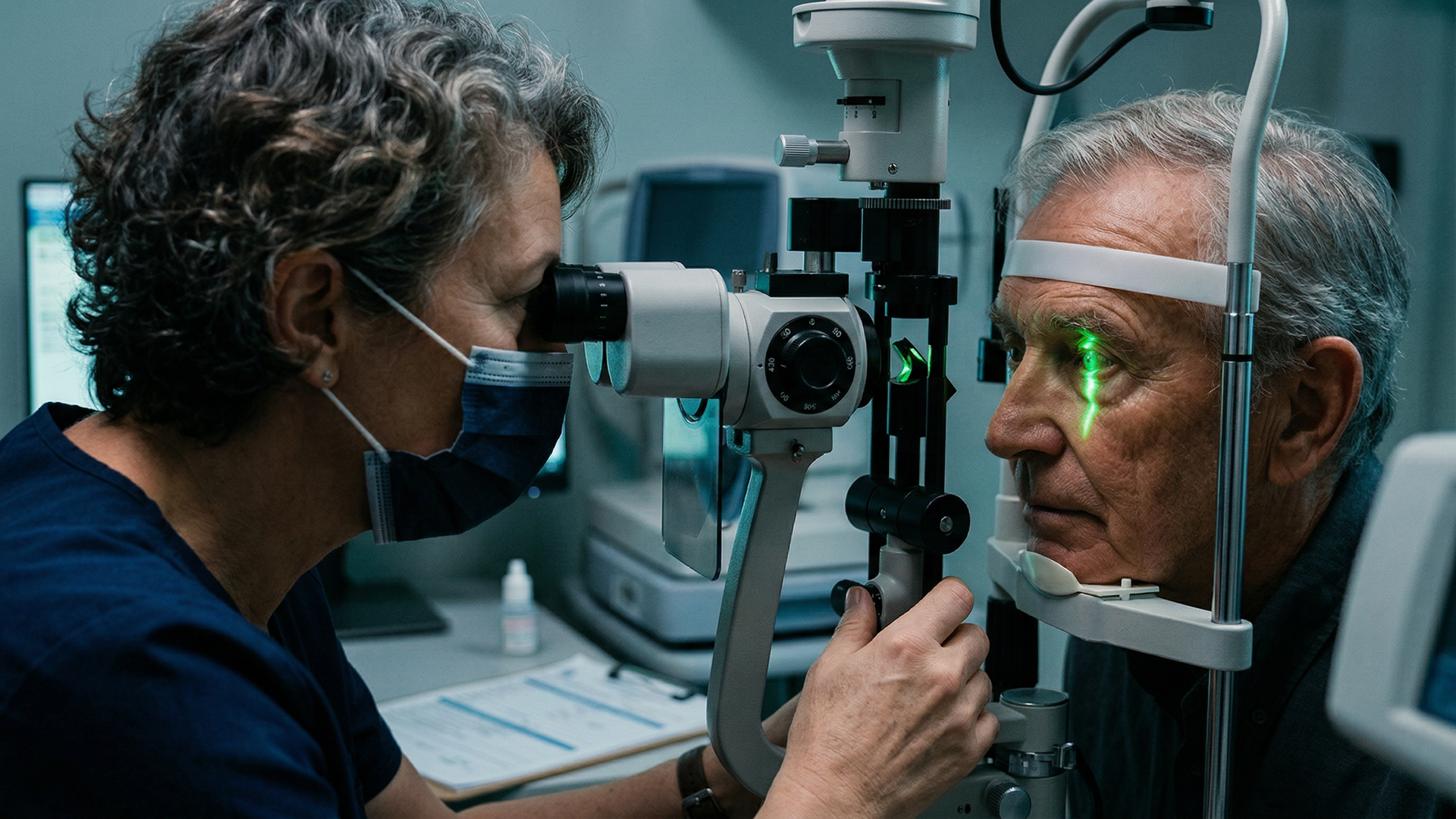 Close-up of an eye examination with green light testing for glaucoma and eye pressure