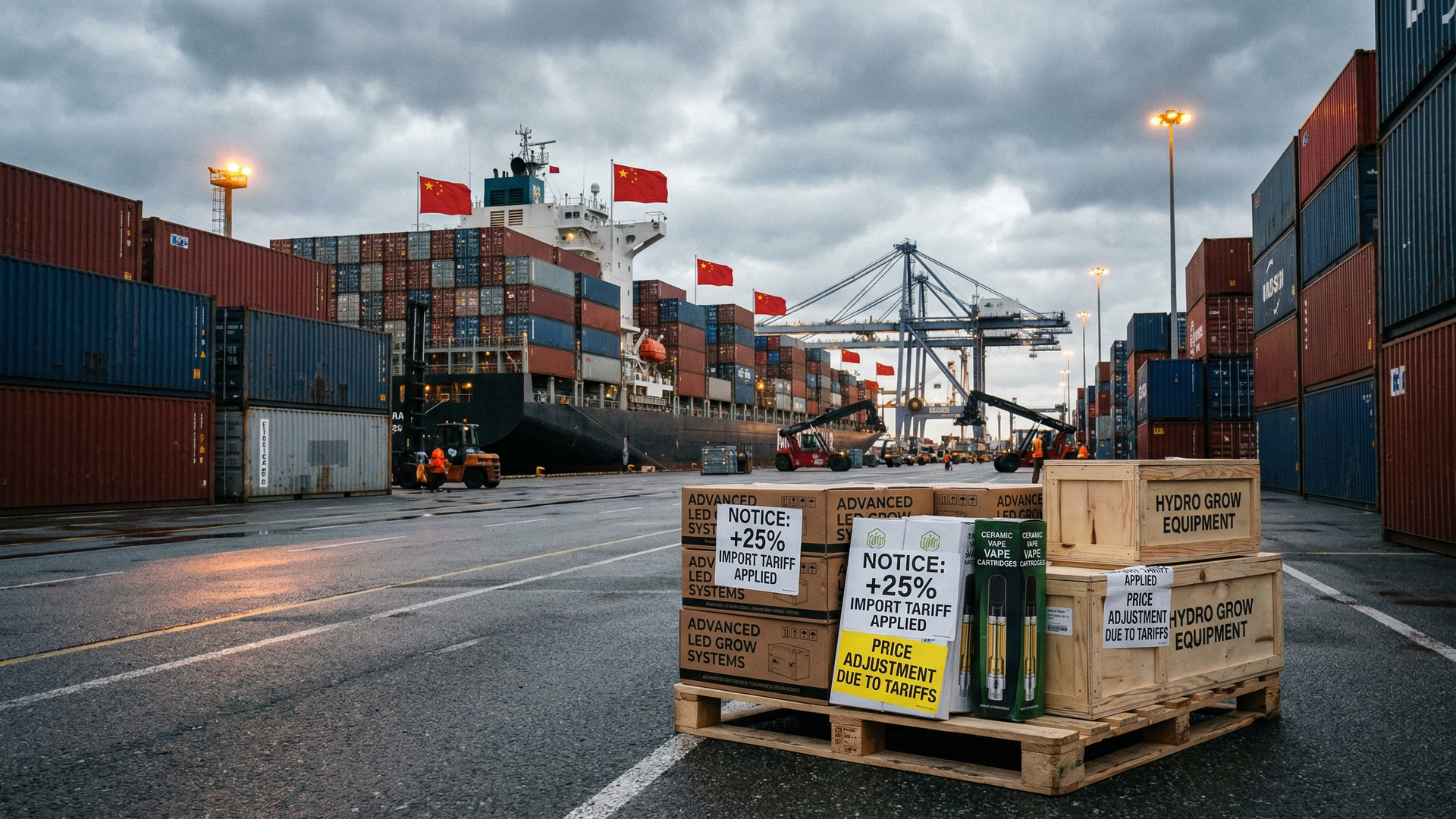 Shipping containers at port with tariff notices on cannabis vape and grow equipment crates