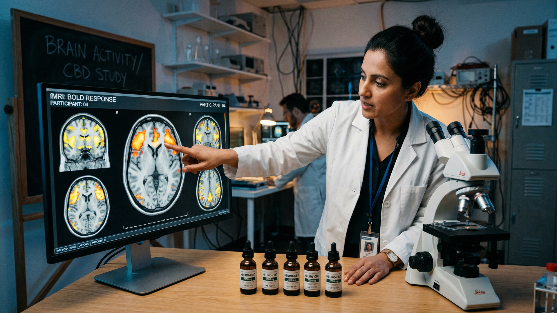 Brain scan images on a medical monitor with CBD oil bottles in a neurology research setting