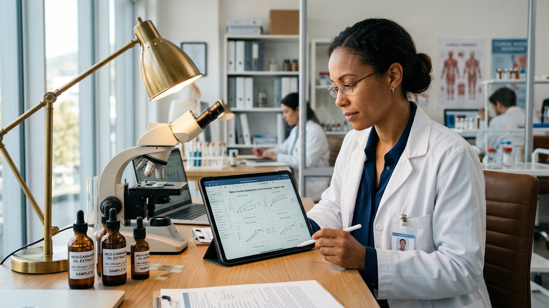 Researcher reviewing Parkinson's disease motor function data on a tablet in a clinical setting
