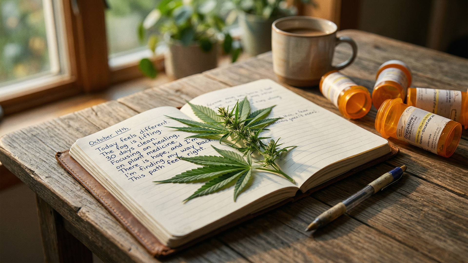 Empty opioid pill bottles next to cannabis leaves and a recovery journal on a wooden table