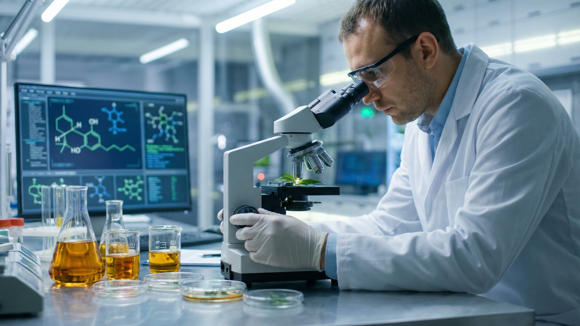 Scientist examining cannabis plant compounds in research lab with microscope and CBD samples