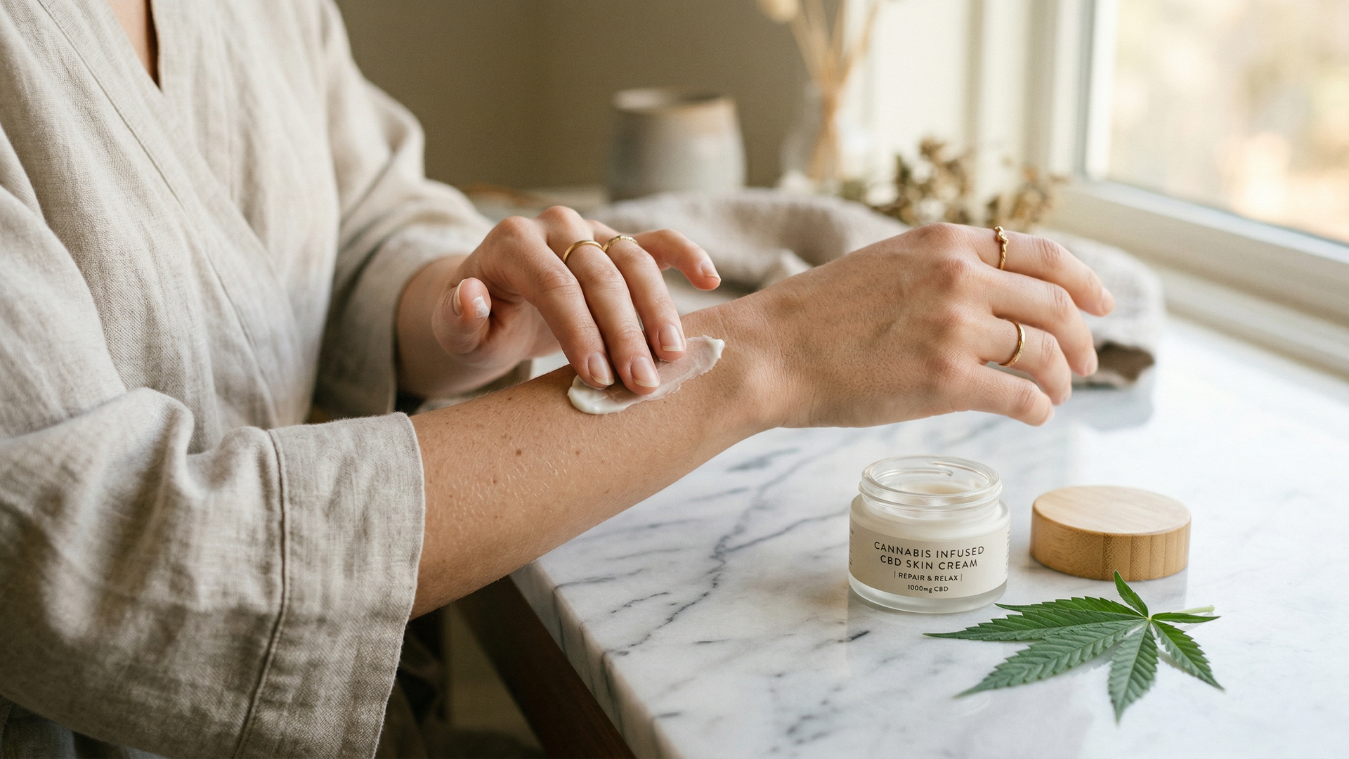 Close-up of hands applying cannabis topical cream to skin with a small CBD jar on a table