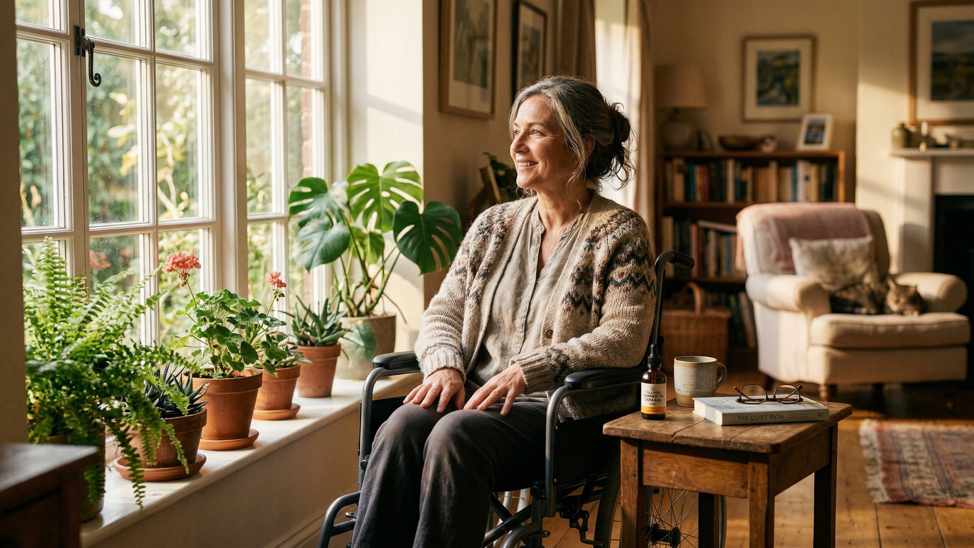 Multiple sclerosis patient using a wheelchair in a sunlit room with cannabis oil nearby