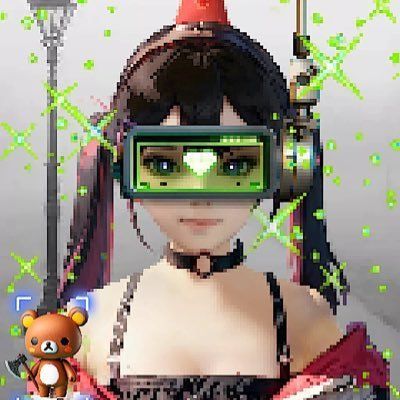 Female avatar with VR visor, twin ponytails, and green pixel effects in a digital setting
