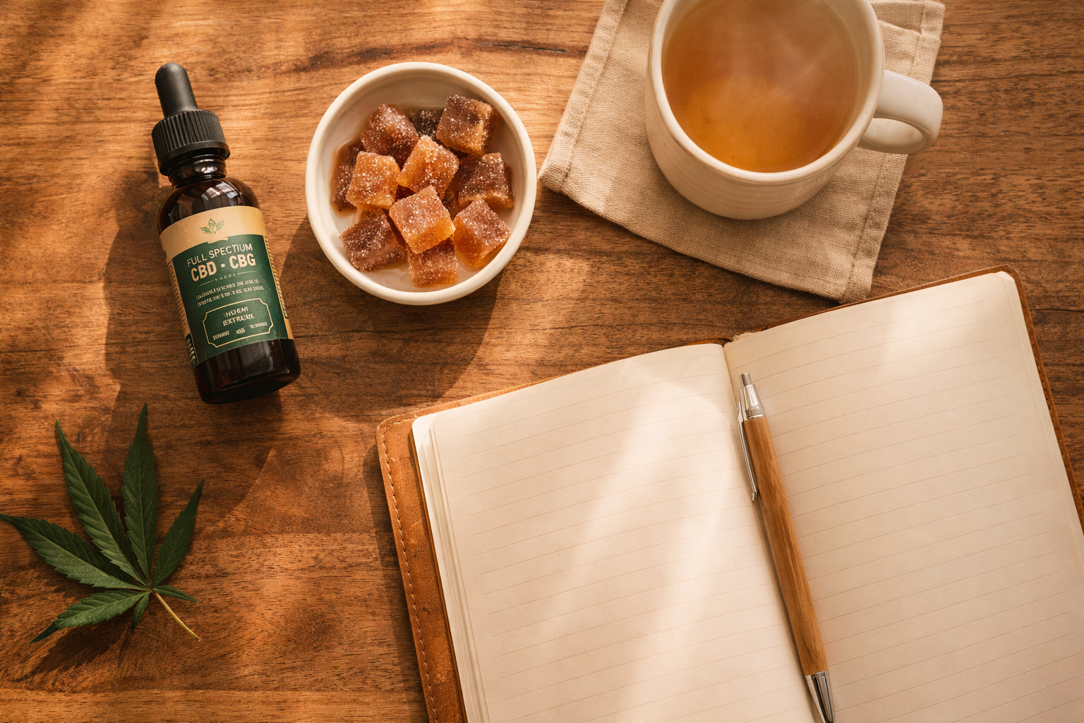 Cannabis tincture bottles and edibles arranged on a kitchen counter for daily wellness use