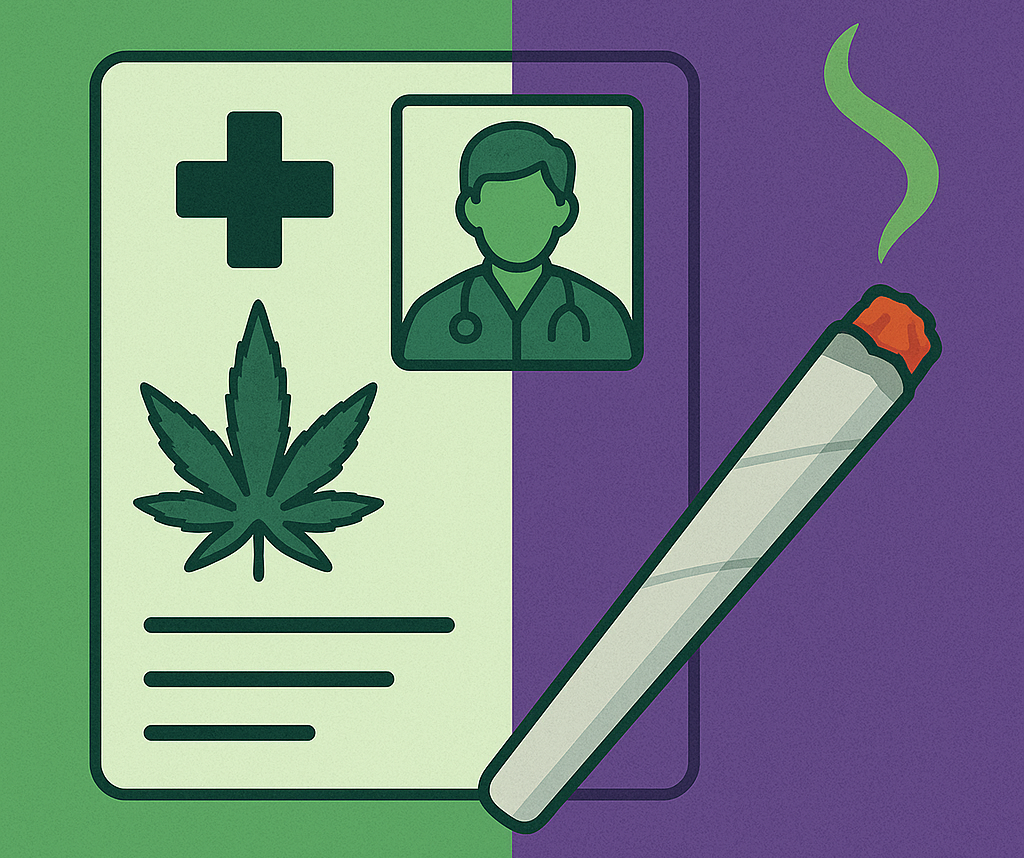 Illustrated medical marijuana ID card with doctor icon and burning cannabis joint on green and purple background