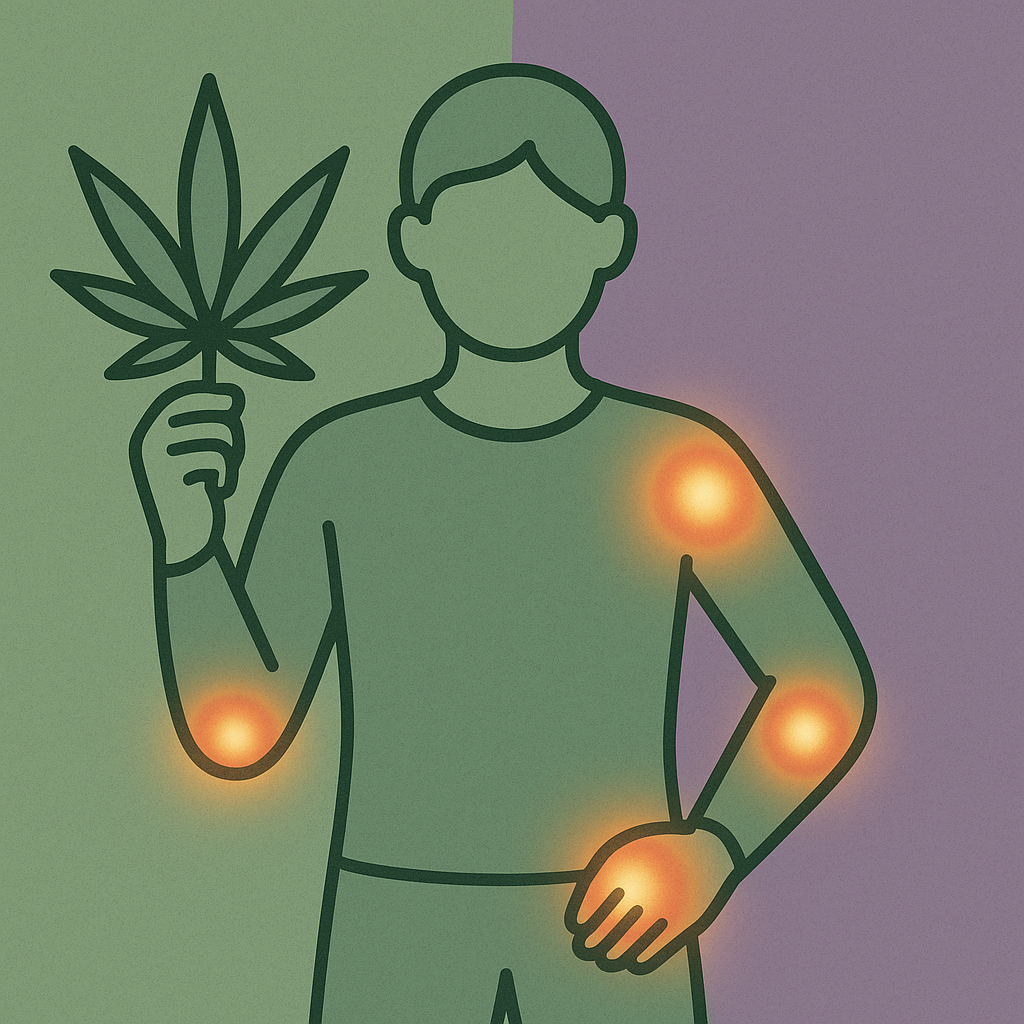 Illustration of human figure holding cannabis leaf with glowing pain relief points on shoulder, elbow, wrist, and hip