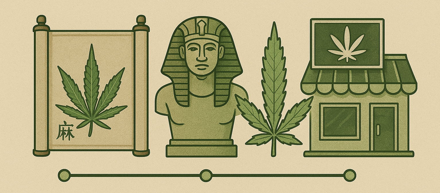 Timeline illustration showing cannabis history from ancient scroll to modern dispensary.