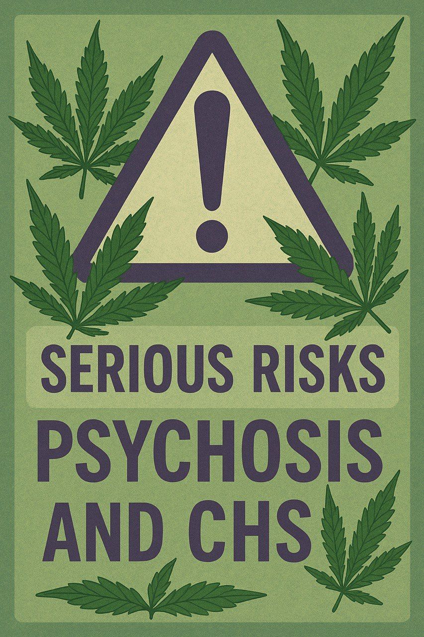 Warning poster with text 'Serious Risks: Psychosis and CHS' and marijuana leaves.