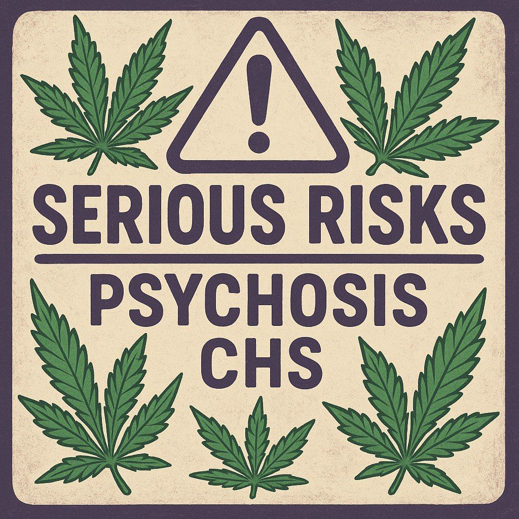 Warning poster says 'Serious Risks: Psychosis, CHS' with cannabis leaves and caution icon.
