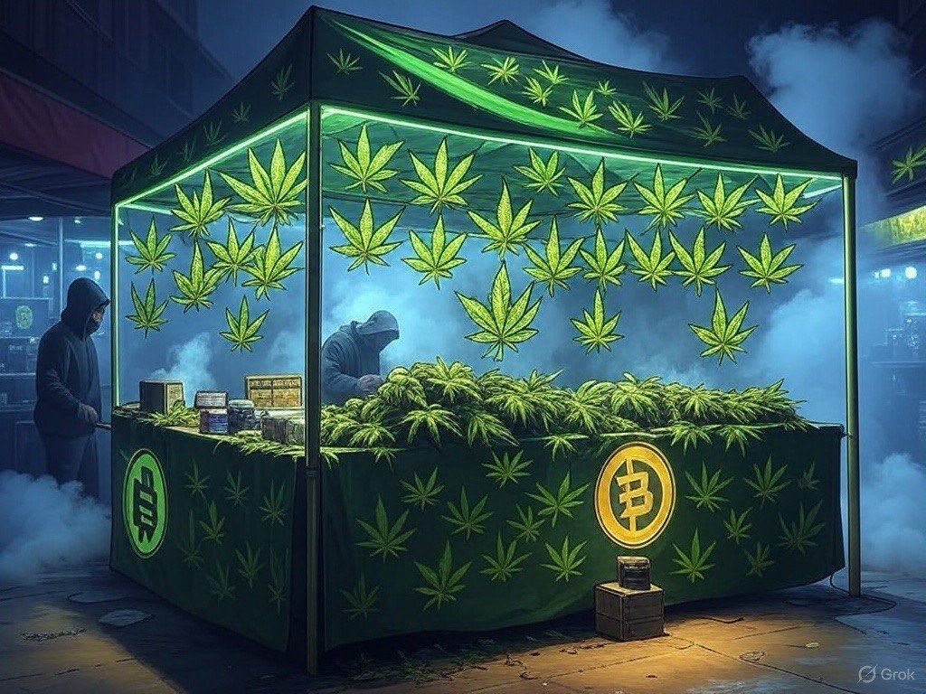Night market booth with hooded sellers and cannabis jars under green glow and smoke.