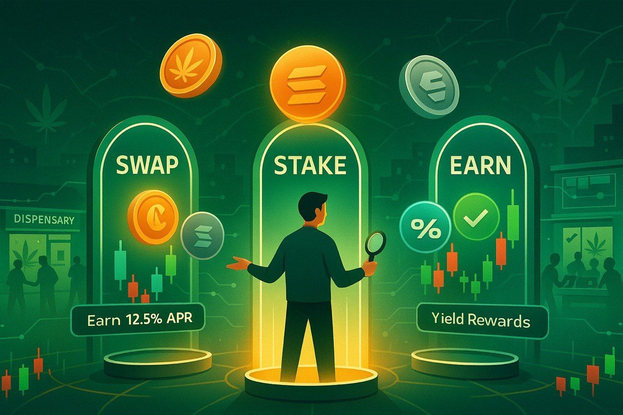 Avatar choosing between DeFi portals to swap, stake, or earn WeedCoin in a decentralized dispensary world