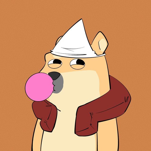 Cartoon Shiba Inu dog blowing bubble gum, wearing red vest and white paper hat on orange background