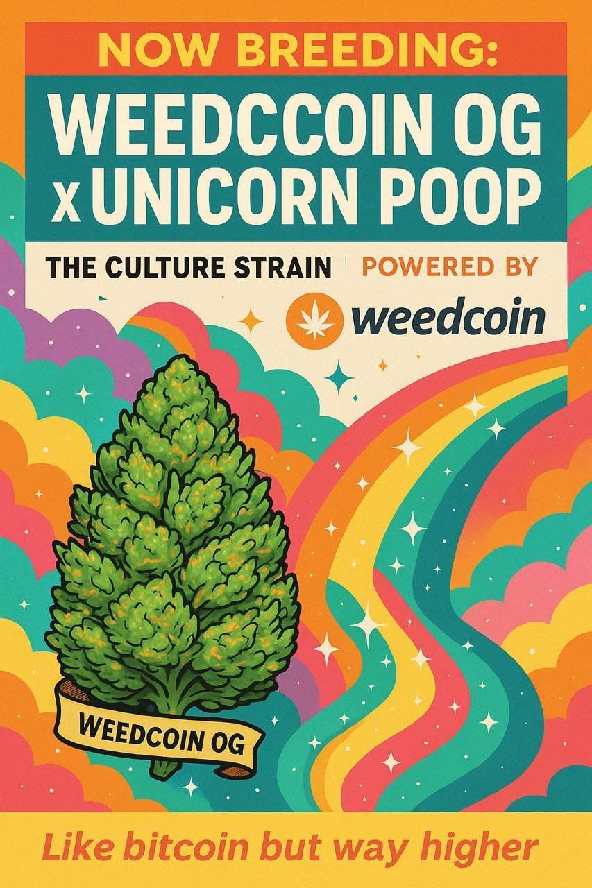 Colorful Weedcoin OG strain poster with rainbow clouds, cannabis bud illustration, and slogan “Like bitcoin but way higher.”