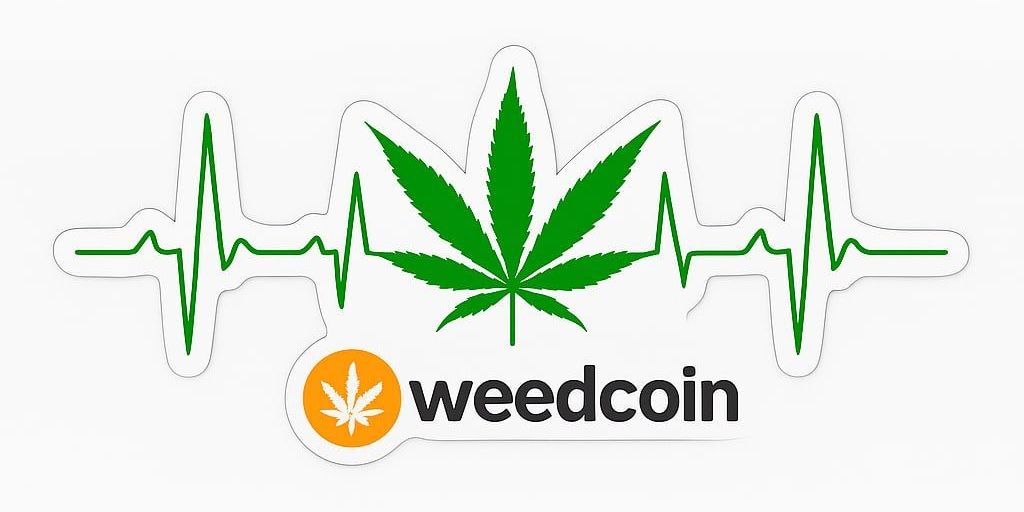 Weedcoin logo with cannabis leaf, heartbeat line, and orange circle icon.