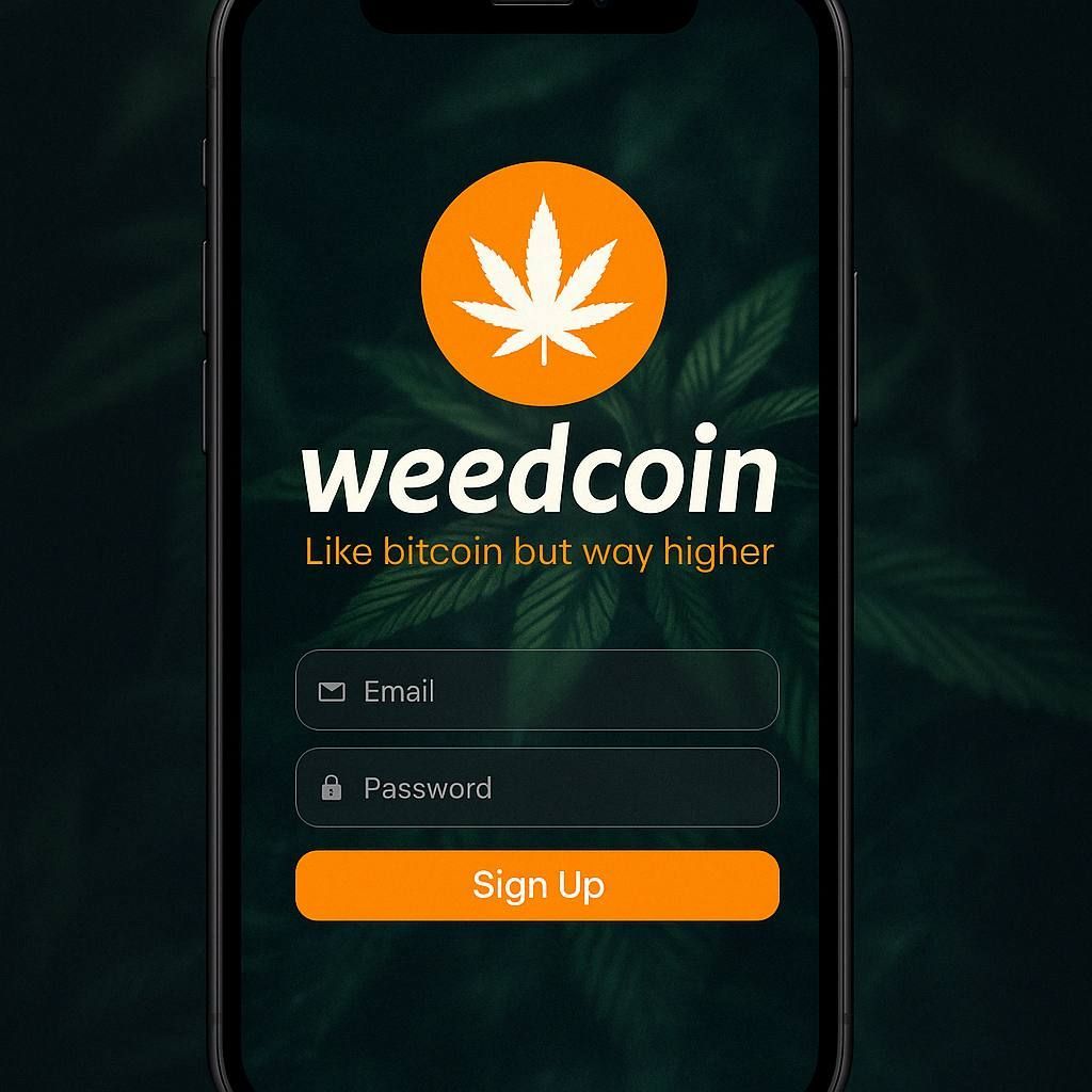 Weedcoin app login screen on smartphone with tagline 'Like bitcoin but way higher' on dark theme.