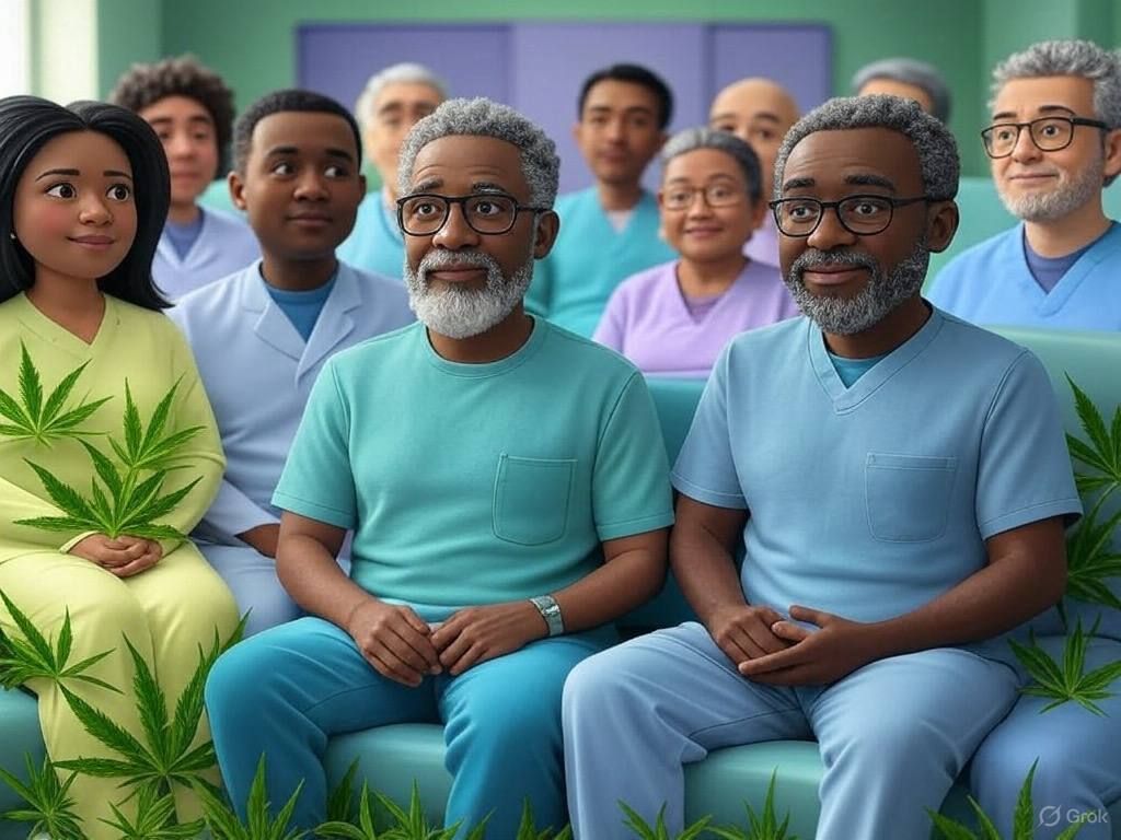 Group of elderly animated patients in scrubs sitting together surrounded by cannabis leaves