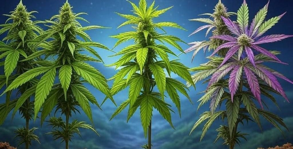 Five cannabis plants labeled Indica, Sativa, and Hybrid under night sky with glowing icons