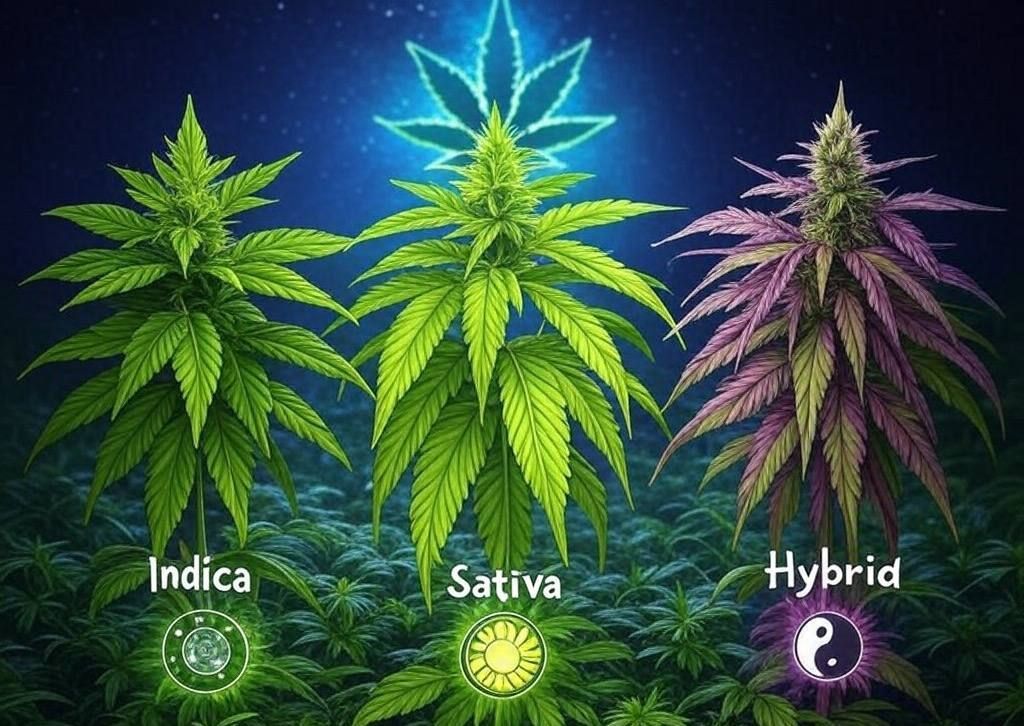Three cannabis plants labeled Indica, Sativa, and Hybrid with glowing icons and a neon leaf background