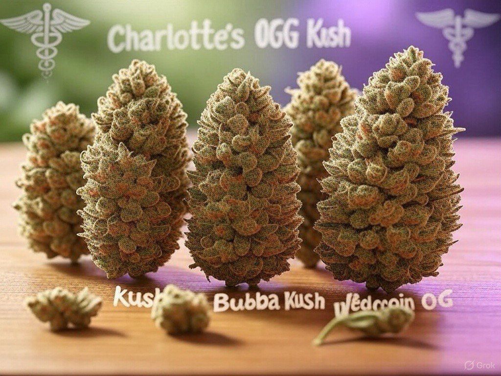 Close-up of Charlotte's OGG Kush cannabis buds labeled Kush, Bubba Kush, and Weedcoin OG on a wooden surface