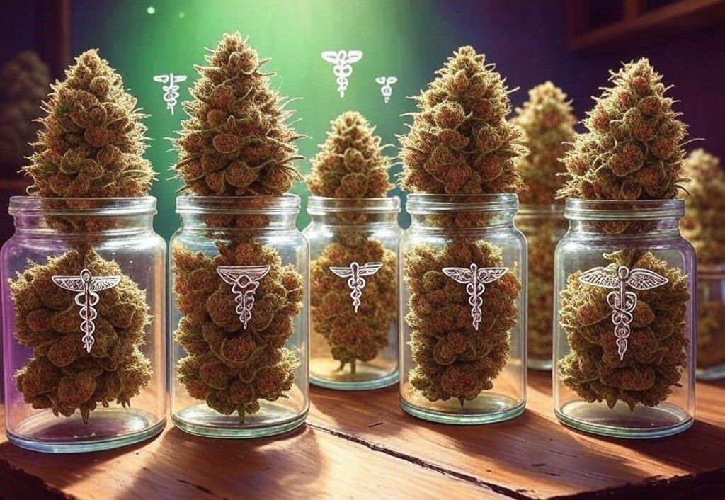 Glass jars of cannabis buds with medical symbols arranged on wooden table for medical use.