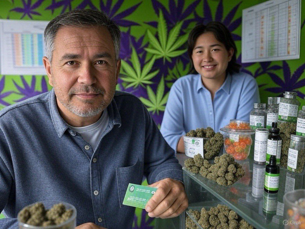 Cannabis dispensary staff showcasing medical marijuana products and patient ID card