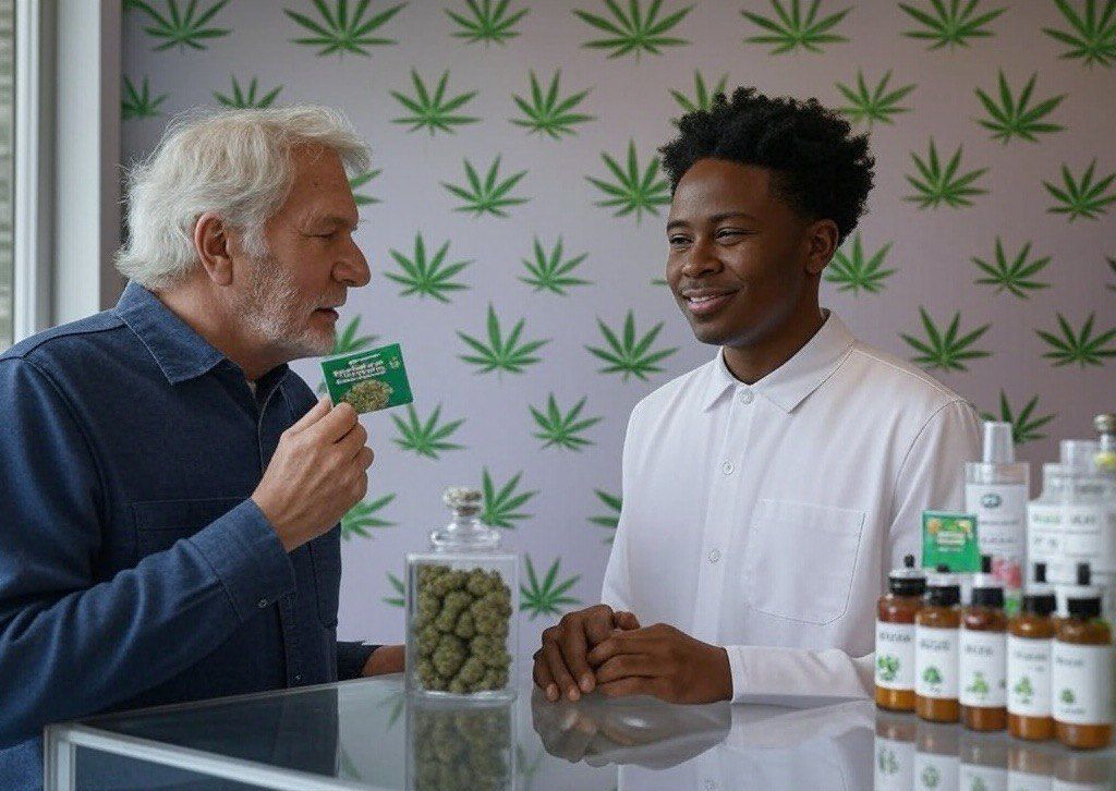 Older man holding cannabis product while speaking to dispensary staff at counter with jars and bottles in foreground