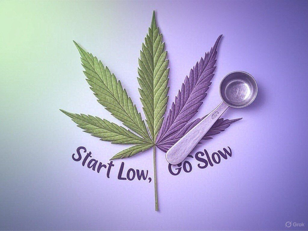Cannabis leaf split into green and purple halves with a measuring spoon on top and the text “Start Low, Go Slow” below.