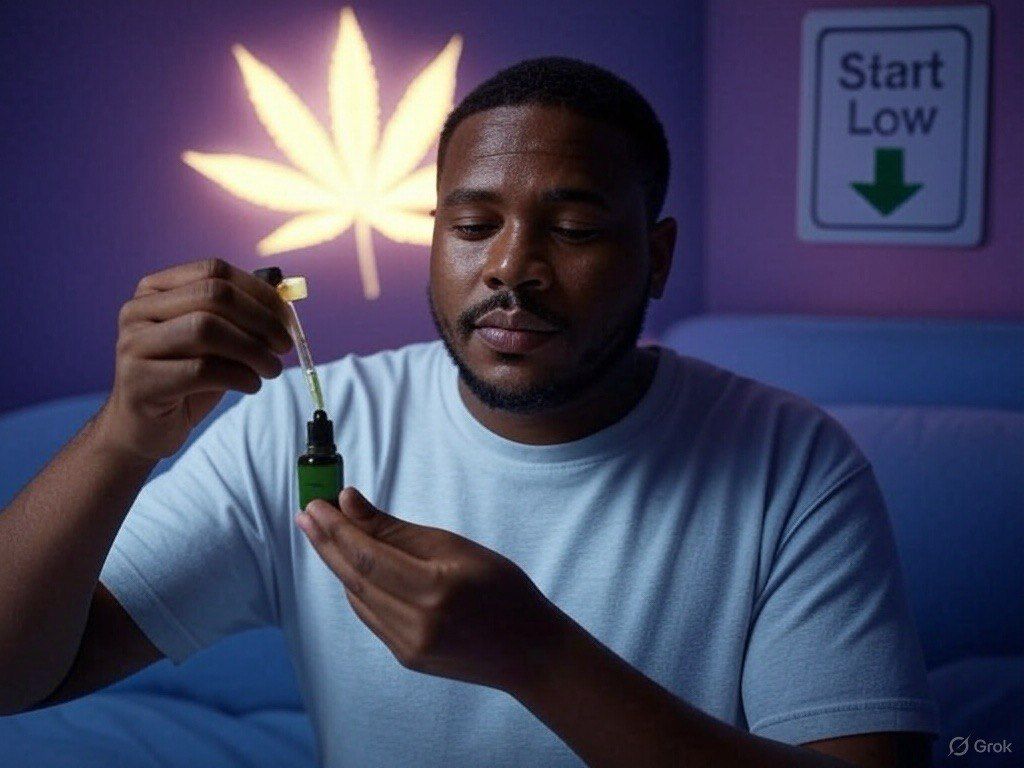 Man holding cannabis oil dropper with glowing marijuana leaf and
