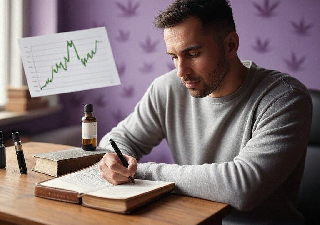 Man writes in notebook at desk with cannabis products, books, and market chart around him.