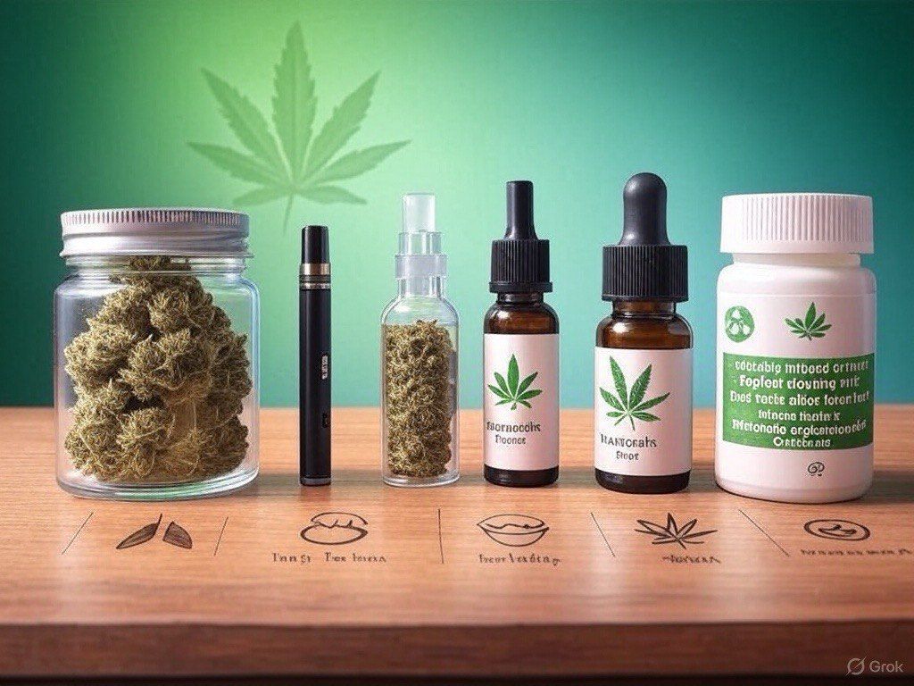 Cannabis products including flower jar, vape pen, tinctures, and capsules displayed on wooden table with green leaf backdrop