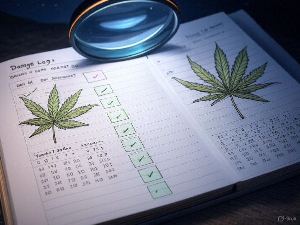 Illustrated cannabis leaf in a grower’s journal with checklists and magnifying glass
