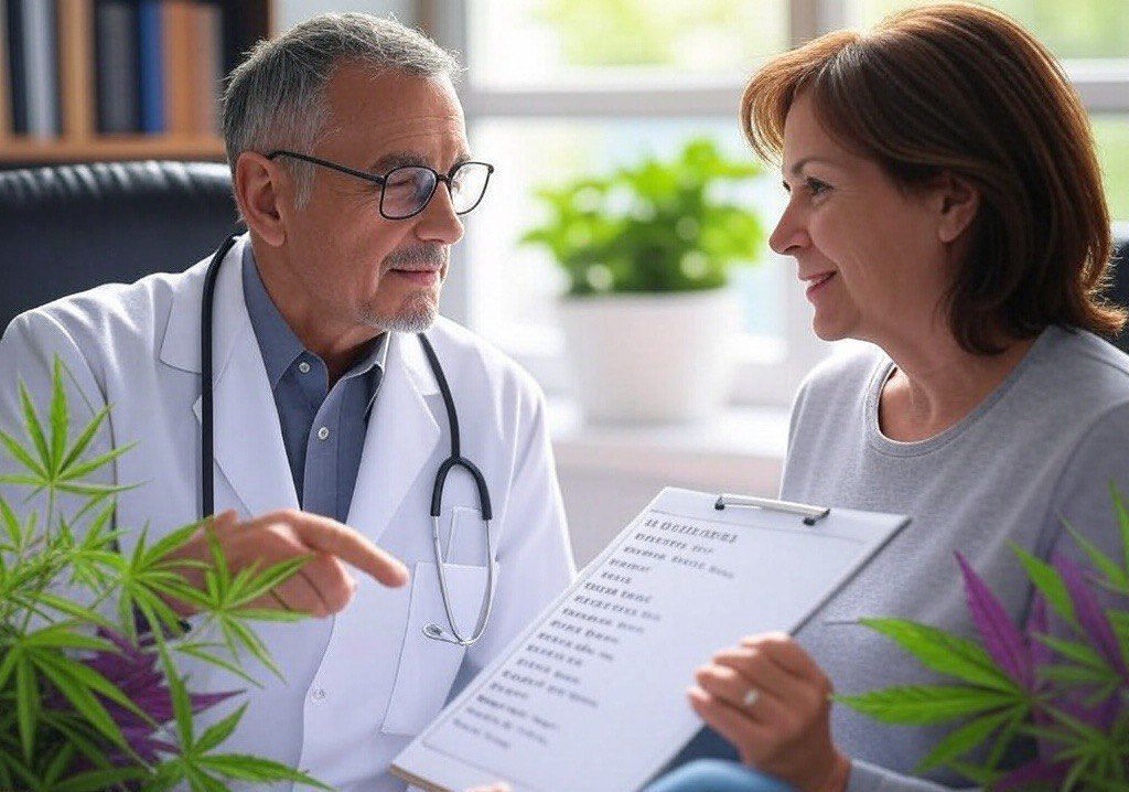 Doctor discussing a cannabis treatment checklist with a smiling female patient surrounded by marijuana plants.