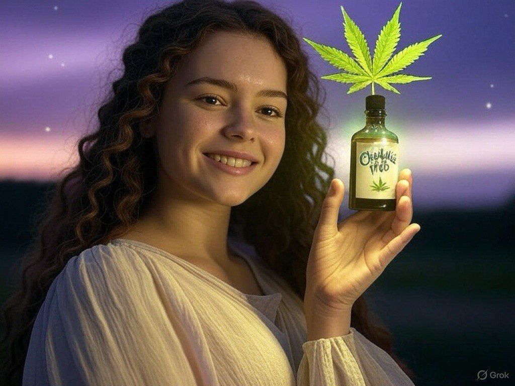 Woman smiles holding glowing cannabis oil with sprouting leaf at twilight under purple sky.
