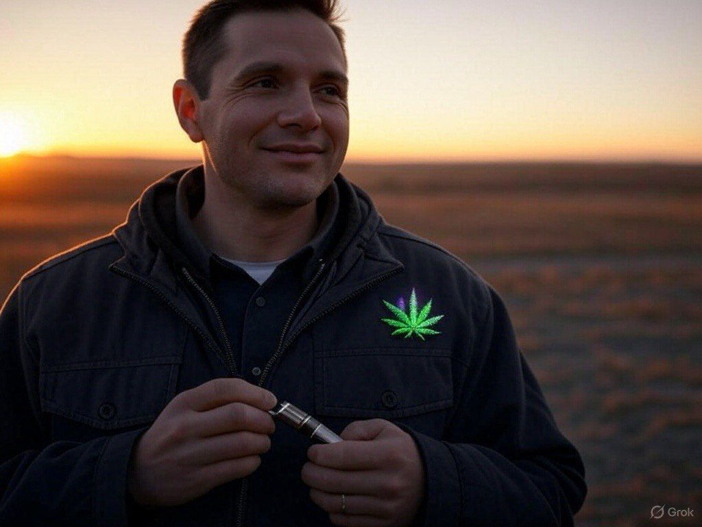 Man smiling outdoors with cannabis leaf on jacket during sunset