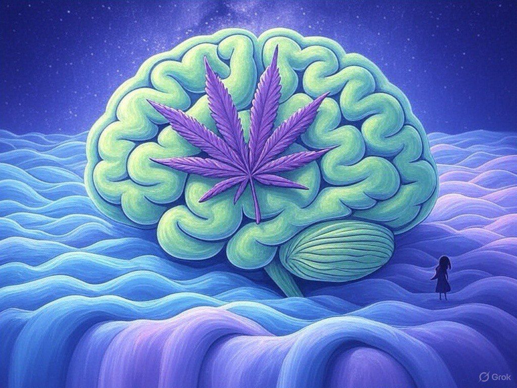 Surreal illustration of a green brain with purple cannabis leaf floating in wavy purple sea with small figure