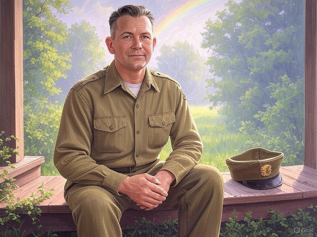 Smiling man in military uniform sits on a porch with his cap beside him and a rainbow view.