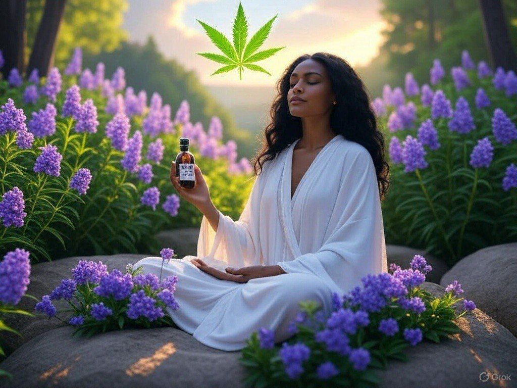 Woman meditating in a lavender field holding cannabis oil with glowing cannabis leaf above her.