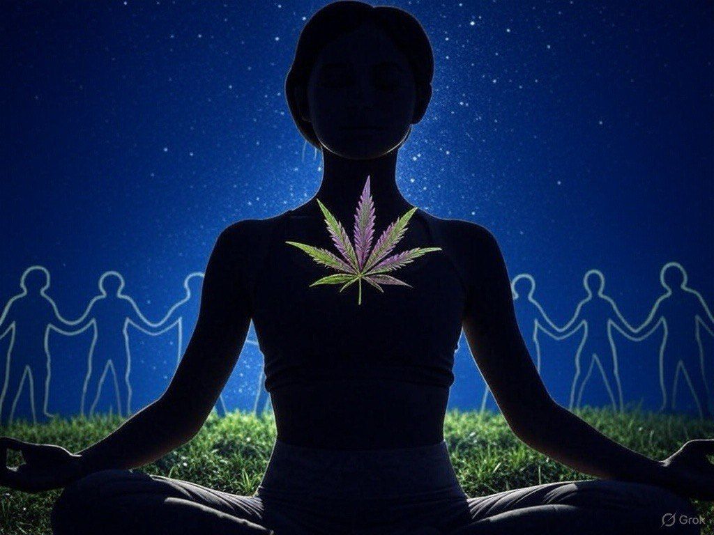 Woman meditates under stars with glowing cannabis leaf on chest and people silhouettes behind.