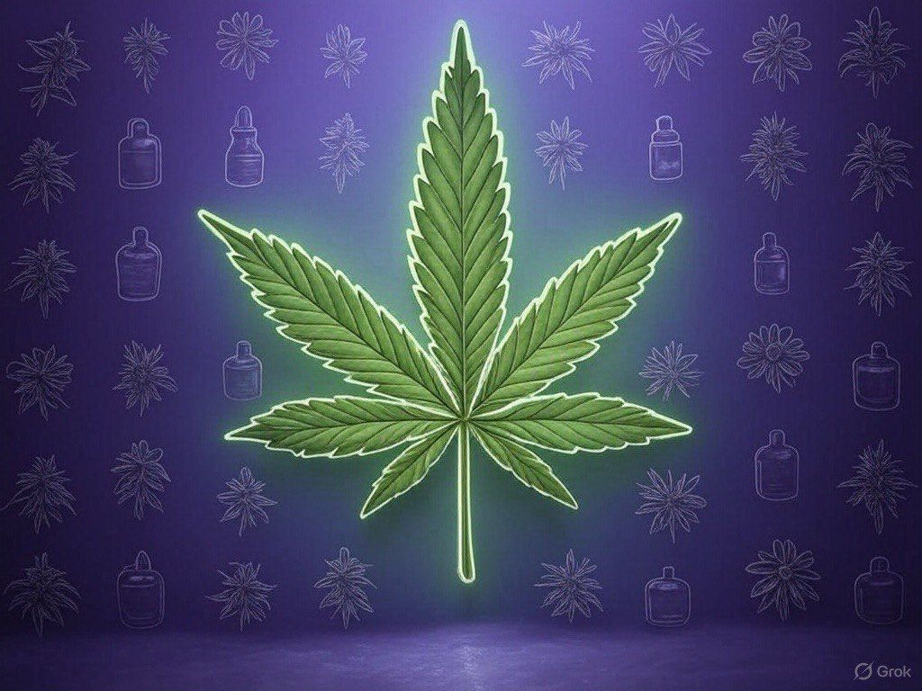 Large glowing cannabis leaf on purple background with illustrated buds and tincture bottles