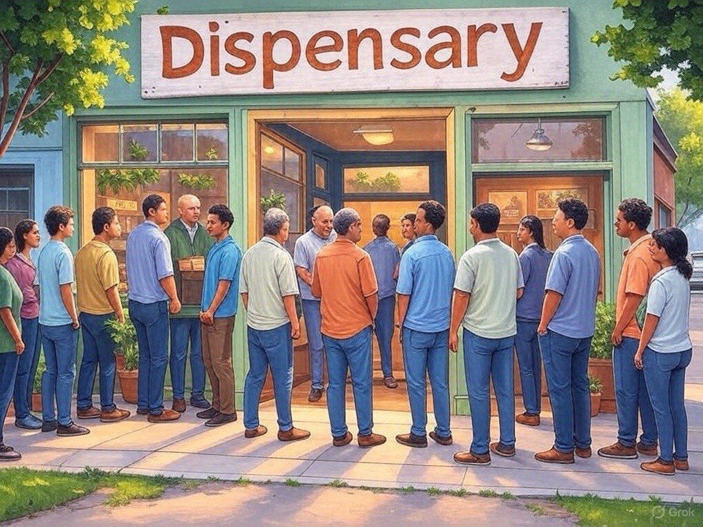 Diverse crowd stands in line outside dispensary with big 'Dispensary' sign above.