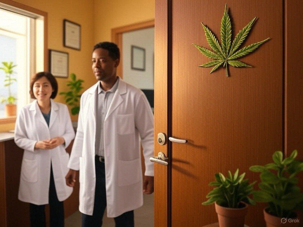 Doctors in lab coats stand in cannabis clinic with large marijuana leaf on wooden door.