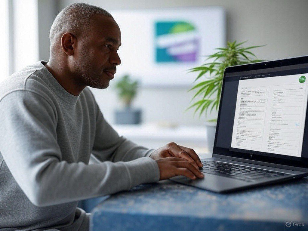 Man uses laptop next to potted cannabis plant in bright workspace with marijuana doc on screen.