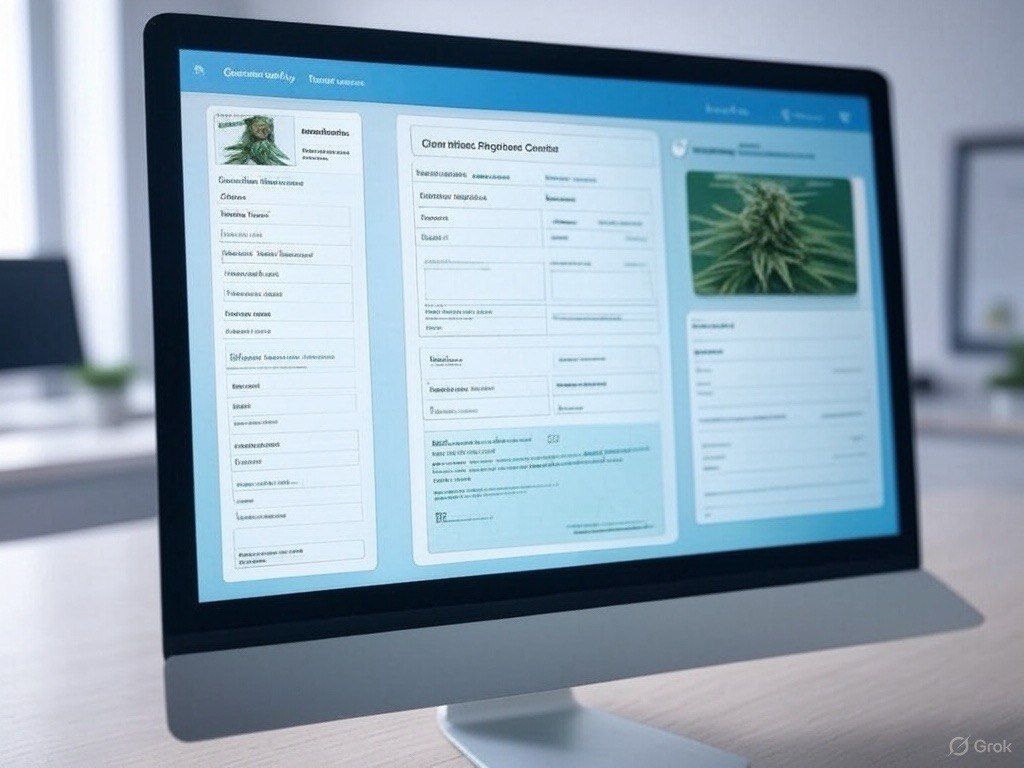Desktop screen showing digital cannabis strain profile with photos and strain information