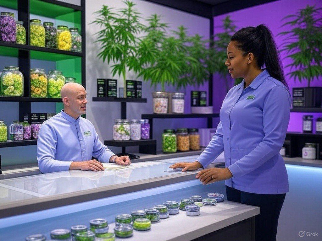 Modern cannabis dispensary with two employees discussing products behind a counter filled with weed jars